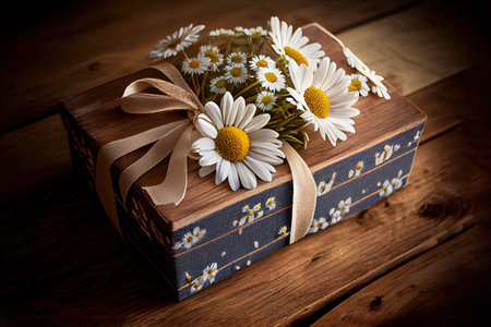 Gift box and daisy flowers on old wooden planks. Generative Aiの素材