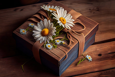 Gift box and daisy flowers on old wooden planks. Generative Aiの素材
