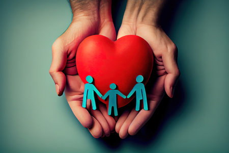 Family holding small red heart in hands on color background. Generative Aiの素材