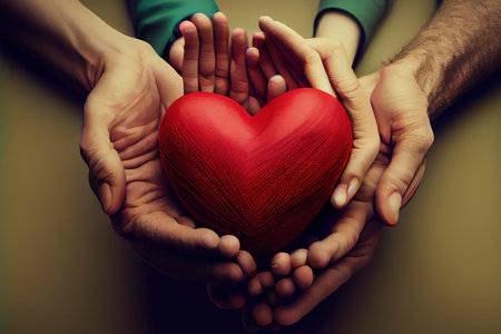 Family holding small red heart in hands on color background. Generative Aiの素材