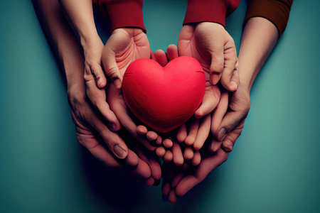 Family holding small red heart in hands on color background. Generative Aiの素材