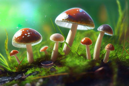 Daytime closeup of a Chlorophyllum molybdites fungus growing in a field. Generative AIの素材