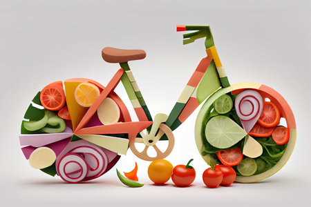 Sliced vegetables in form of a bicycle on the white background. Generative Aiの素材
