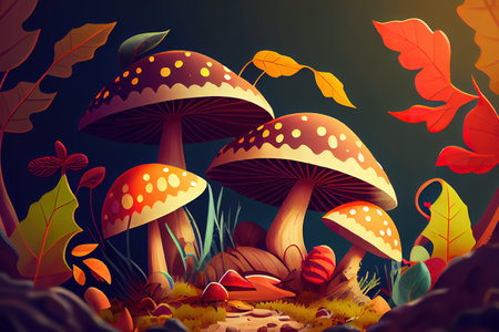 Mushrooms growing amidst fallen leaves in autumn forest. Generative Aiの素材