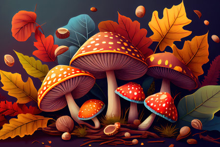 Mushrooms growing amidst fallen leaves in autumn forest. Generative Aiの素材