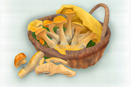 Chanterelles and knife on a table. Generative Aiの素材