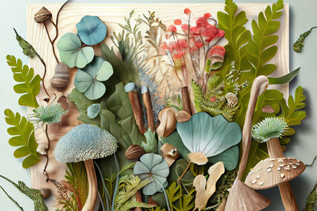Natural elements collage with pastel mushrooms. Generative Aiの素材