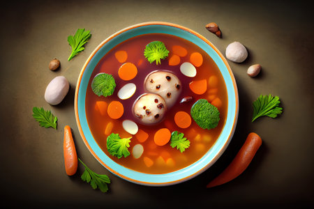 Mushroom soup with kidney bean potato and carrot top view copy space. Generative Aiの素材