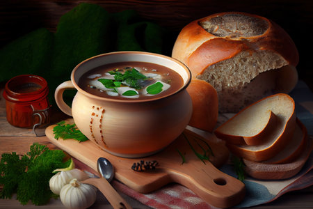 Belarusian mushroom soup in crispy homemade bread. Generative Aiの素材