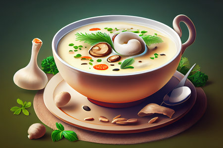Mushroom cream soup with cream and conjut. In a blue plate. On a black stone background. Generative Aiの素材