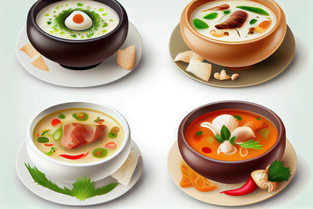 Set of soups from worldwide cuisines, healthy food. Generative Aiの素材