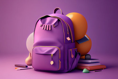 Backpack with school supplies on violet background. 3d concept illustration. Generative Aiの素材