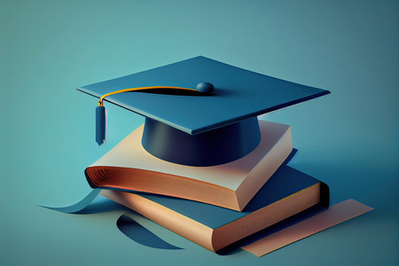 Educational concept, book and graduation hat on blue. Generative Aiの素材