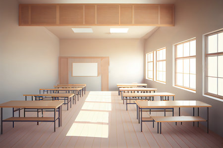 interior of a traditional school with wooden desks and chairs. Generative Aiの素材