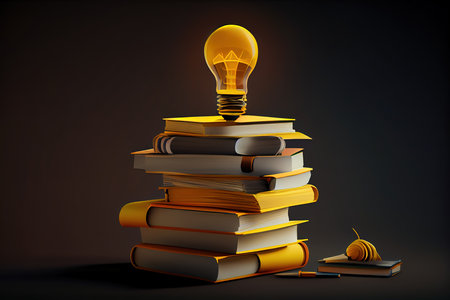 Yellow lightbulb with stacking of books. Generative Aiの素材