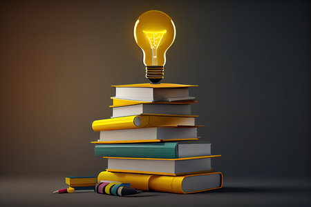 Glowing light bulb floats above book pile. Generative Aiの素材