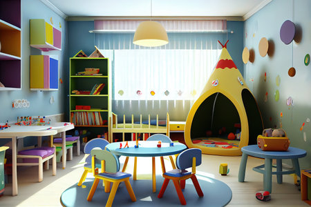 Tables for classes and lunches in the kindergarten room. Generative Aiの素材