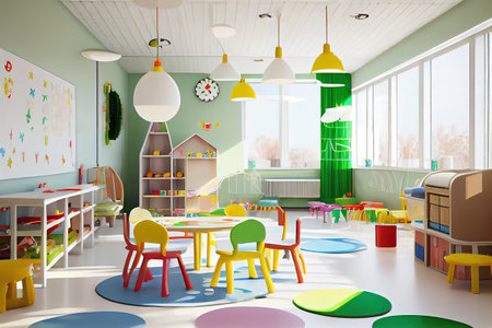 Tables for classes and lunches in the kindergarten room. Generative Aiの素材