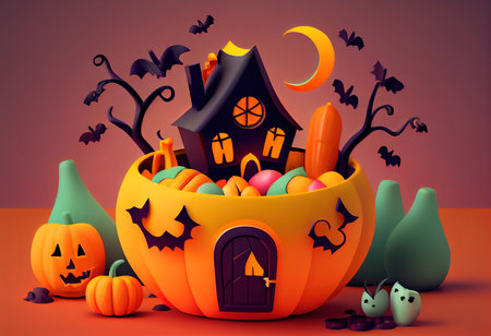 3d render happy halloween day background with night scene and cute spooky. Generative Aiの素材
