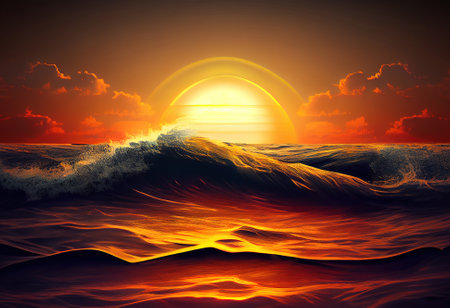 Sun back on sunset sky horizon wave on surface sea. Generative Aiの素材
