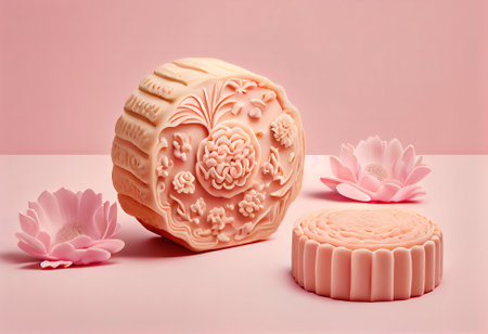 Mooncake flatlay on wooden table. Traditional Baked Mooncake on Dark Background. Generative Aiの素材