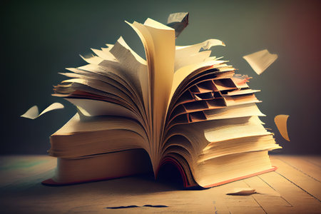 Opened Book on a pile of old books, panorma, good copy space. Generative Aiの素材