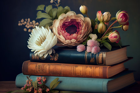 Stack of vintage books and a bouquet of beautiful flowers. Generative Aiの素材