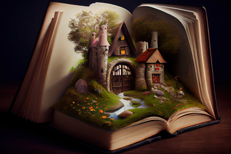 Holiday greeting card magic book with green spring landscape. Generative Aiの素材