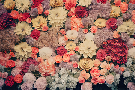 Artificial Flowers Wall for Background in vintage style. Generative Aiの素材
