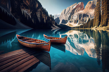 Boats on the Braies Lake ( Pragser Wildsee ) in Dolomites mountains. Generative Aiの素材
