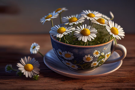 Spring - Chamomile Flowers In Teacup On Wooden Table In Garden. Generative Aiの素材