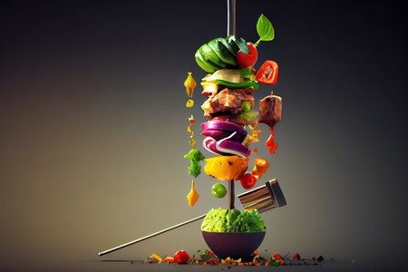 Delicious vegetable and meat skewer on grill. Generative Aiの素材