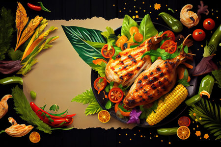 Summer bbq party concept - grilled chicken, vegetables, corn, salad, top view, copy space. Generative Aiの素材