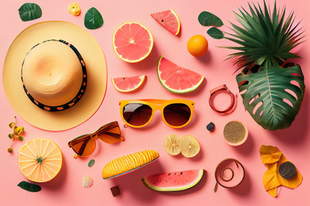 Summer flat lay background. Generative Aiの素材