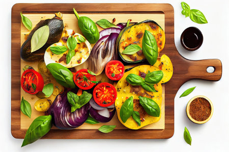 Grilled colorful vegetables, aubergines, zucchini, pepper with spice and green basil on serving board . Generative Aiの素材