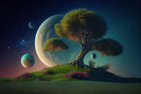 3d render of a tree on a grassy hill against a space sky with planets. Generative Aiの素材