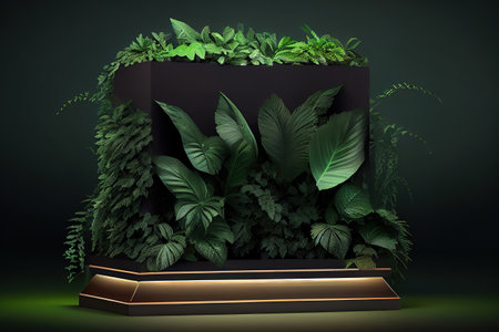 Illuminated display countertop or stage podium with green plants. Generative Aiの素材