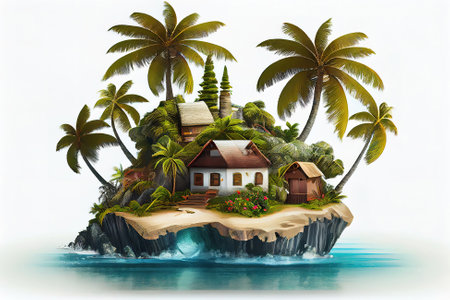 Piece of tropical island with water, palms and bungalow on a beach. Generative Aiの素材