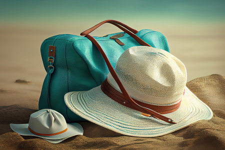 Turquoise bag and white hat on the beach. Generative Aiの素材
