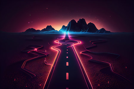 Roadmap design, neon glowing, forward movement, dark environment . Generative Aiの素材