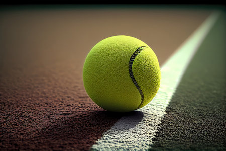 Tennis ball on empty court floor close up outdoor sport field for practice and train 3d render. Generative Aiの素材