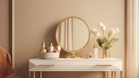 round vanity mirror in cream wall bedroom in sunlight for luxury beauty. Generative Aiの素材