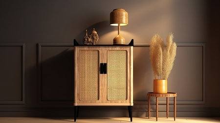 rattan chair in sunlight from glass window to outdoor garden on beige wall. Generative Aiの素材