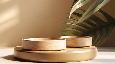 Two minimal modern wooden round tray podium on white glossy table counter in sunlight. Generative Aiの素材
