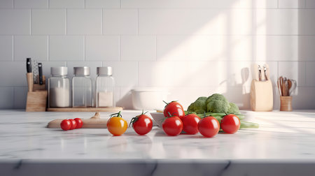 Clean, minimal white marble kitchen countertop with cooking ingredients. Generative Aiの素材
