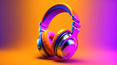 headphones on , background, Bright color. Generative Aiの素材