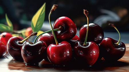 top view of juicy bright sweet cherries on a dark background. Healthy food. Generative Aiの素材