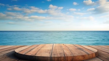 Empty wooden table on sea background, Desk of free space for product display. Generative Aiの素材