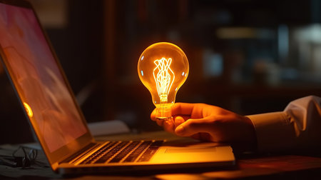 Hand holding a light bulb and working on a laptop computer. Generative Aiの素材