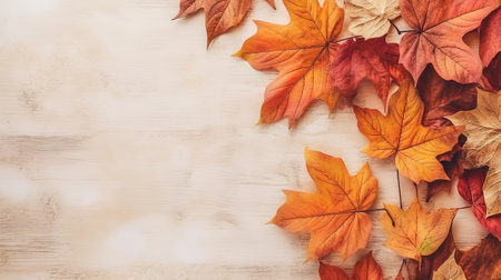 Festive autumn leaves decor on white wooden table with copy space. Generative Aiの素材